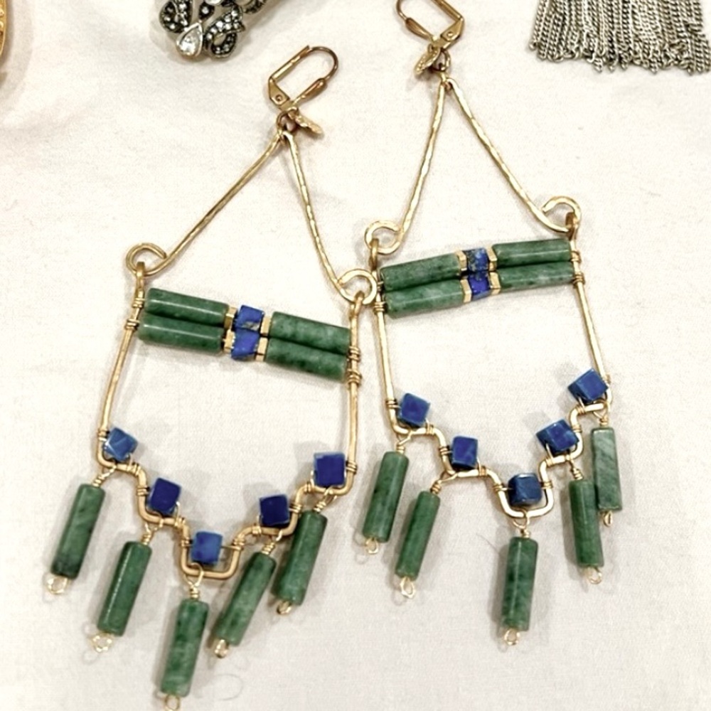 Double Happiness Jade, Lapis, gold filled chandelier earrings.